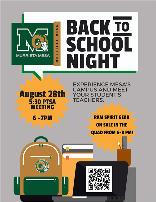 Back to School August 28th 5:30 PTSA meeting 6-7 visit classroom Spirit gear on sale in quad 6-8 pm